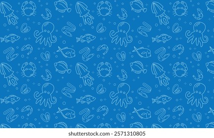 seafood seamless pattern with mussel, fish salmon and shrimp. Lobster, squid, scallop and tuna for product market or seafood restaurant