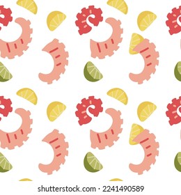 Seafood seamless pattern with octopus, lemon, lime. Background asian seafood vector illustration on white background. Seamless pattern for menu, packaging design.