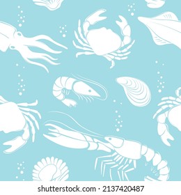 Seafood seamless pattern outline sketch drawing Prawns crab lobster shellfish shrimps
