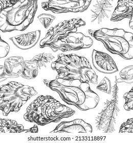 Seafood seamless pattern with oyster, lemon slice, rosemary and ice cubes - sketch vector illustration on white. Hand drawn background with seashell for restaurant menu design.