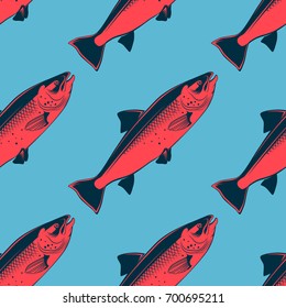 Seafood seamless pattern with pink salmon, vector illustration