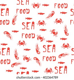 Seafood seamless pattern retro with crab, lobster, prawn and fish
