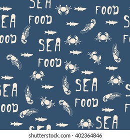 Seafood seamless pattern retro with crab, lobster, prawn and fish