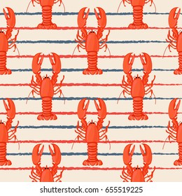 Seafood seamless pattern retro marine background with lobster