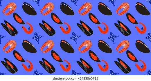Seafood seamless pattern. Sea colored background. Vector illustration. 