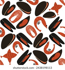Seafood seamless pattern. Sea colored background. Vector illustration. 