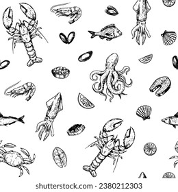 Seafood. seamless pattern. set of vector sketch illustrations, crab, lobster, shrimp, fish
transparent backround