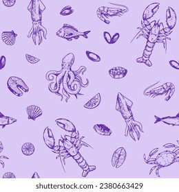 Seafood. seamless pattern. set of vector sketch illustrations, crab, lobster, shrimp, fish
transparent backround