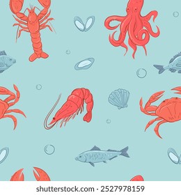 Patrón sin fisuras de mariscos. conjunto de Ilustraciones vectoriales, cangrejo, langosta, camarones, pescado