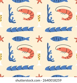 Seafood seamless pattern with shrimp, fish, waves, coral, champagne glass. Marine vector background for scrapbooking, restaurant, cafe. 
