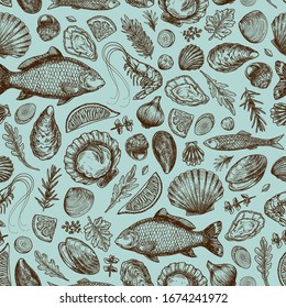 Seafood seamless pattern. Shrimp, mussel, oyster, seashell, herbs, carp, sardine, prawn. Vector illustration