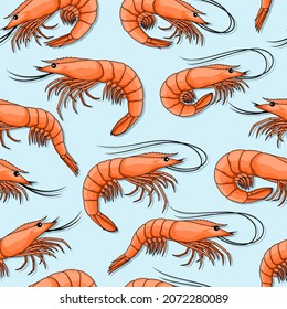 Seafood seamless pattern with shrimps on a blue background