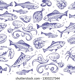 Seafood seamless pattern. Sketch fish hand drawn sea ocean marine tuna dorado sturgeon salmon menu natural vector print texture