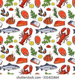 Seafood seamless pattern, sketch style vector illustration. Sketch style lobster herring mussels shrimps salmon lemon and herms in seamless pattern, backdrop, wallpaper, wrap, textile design