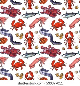 Seafood seamless pattern, sketch style vector illustration. Sketch style crab lobster herring mussels squid eel octopus shrimps in seamless pattern, backdrop, wallpaper, wrap, textile design