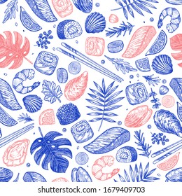 Seafood seamless pattern. Sushi, shrimp, mussel, oyster, salmon, seashell, herbs, carp, sardine, monstera. Vector illustration