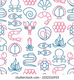 Seafood seamless pattern with thin line icons: lobster; fish; shrimp; octopus; oyster; eel; seaweed; crab; ramp; turtle. Modern vector illustration for restaurant menu.
