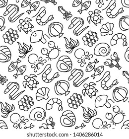 Seafood seamless pattern with thin line icons: lobster, fish, shrimp, octopus, oyster, eel, seaweed, crab, ramp, turtle. Modern vector illustration for restaurant menu.