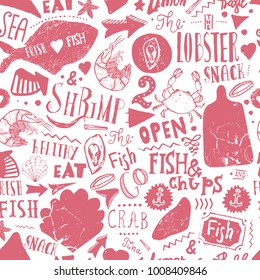 Seafood seamless pattern vector background. Hand drawn sea food stamp sketch fish background with lettering