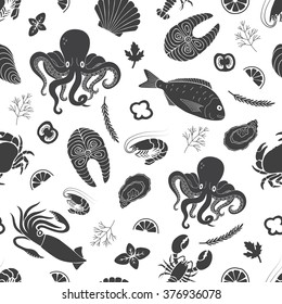 Seafood seamless pattern. Vector background.