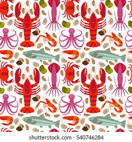 Seafood seamless pattern. Vector illustration.