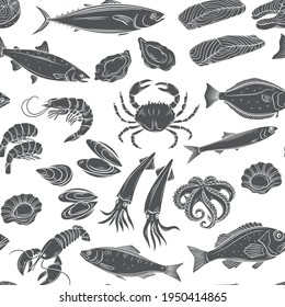 Seafood nahtloses Muster, Vektorgrafik-Monochrome-Glyphe, isolierter Hintergrund. Hering, Tintenfisch, Tintenfisch, Lachs, Austern oder Kammmuscheln, Hummer, Krabbe, Thunfisch, Schalentiere und Muscheln, Gravur