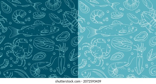 Seafood seamless pattern.Vector hand drawn line silhouettes fish with salmon, squid, lobster, mussel, oyster, seashell. Seafood for poster or menu product market, wallpaper.Vintage engraving art