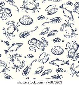 Seafood seamless pettern. Hand drawn vector illustrations. Ocean fish in engraved style. Sketch of crab, lobster, shrimp, oyster, mussel, caviar.