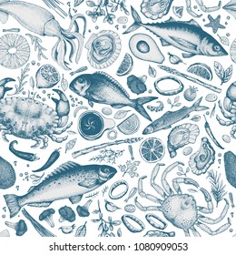 Seafood seamless vector pattern. Can be use for restaurants menu, packaging. Vintage hand drawn illustration. Retro background.