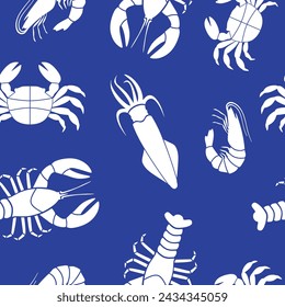 Seafood seamless vector pattern. Сrustaceans. Lobster, shrimp, crab, cuttlefish, squid, crayfish. Vector flat color drawing illustration. Isolated. 