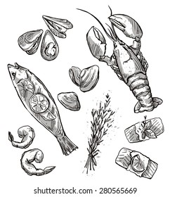Seafood selection. Vector illustration, black and white
