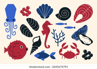 Frutos do mar. Abstrato de peixes e ícones de animais subaquáticos, formas de moluscos de peixes de mar de aquário, polvo fugu de salmão de ostras de caranguejo. Coleção marinha isolada por vetor.