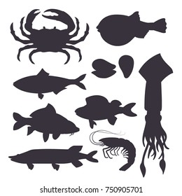 Seafood set black silhouette with crab, fish, mussel and shrimp isolated on white background. Design for restaurant menu, market. Marine creatures in flat style - vector illustration