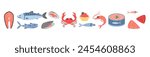 Seafood set, cartoon style. Marine animal like salmon, tuna, shrimp, crab and mussel. Fresh fish, canned food, meat and steaks. Trendy vector illustration isolated on white, hand drawn, flat design