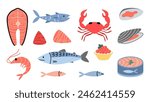 Seafood set, cartoon style. Marine animal like salmon, tuna, shrimp, crab and mussel. Fresh fish, canned food, meat and steaks. Trendy vector illustration isolated on white, hand drawn, flat design