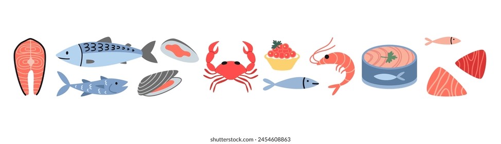 Meeresfrüchte-Set, Cartoon-Stil. Meerestiere wie Lachs, Thunfisch, Garnelen, Krabben und Muscheln. Frischer Fisch, Konserven, Fleisch und Steaks. Trendige Vektorillustration isoliert auf weiß, handgezeichnet, flaches Design