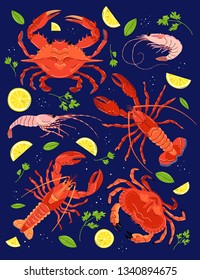 Seafood set in cartoon style. Vector illustration of lobster, crab, shrimp.