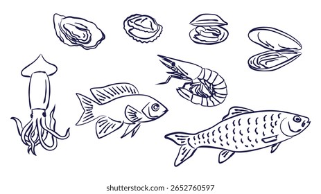 Seafood set with clams, mussel, squid, fish and shrimp in blue outline isolated on white background. Hand drawn vector illustration. Design for seafood menu, coastal decor.