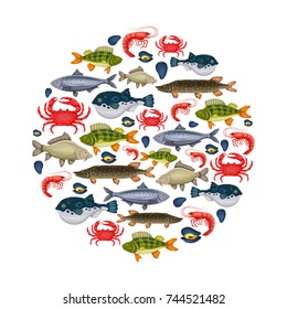 Seafood set with crab, fish, mussel, shrimp in circle. Design for restaurant menu, market. Marine creatures in flat style - vector illustration