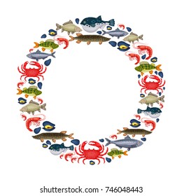 Seafood set with crab, fish, mussel, shrimp in circle and place for your text. Design for restaurant menu, market. Marine creatures in flat style - vector illustration