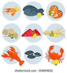 Seafood set: crab, lobster, fish and shrimp, squid and salmon, prawn, mussel and oyster. Shellfish, shell and sea food - flat vector illustration for restaurant design. Isolated on white.