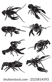 Conjunto de mariscos, cangrejo, cáncer y camarón de blanco, siluetas. Ilustración vectorial
