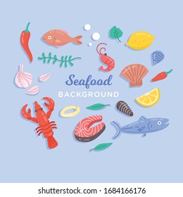 Seafood set design flat fish and crab. Lobster and food oyster, fresh seafood, shrimp and menu octopus animal, shellfish lemon, fresh sea food vector illustration