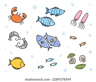 Seafood set design flat fish, shrimp, oysters and crab. vector illustration.