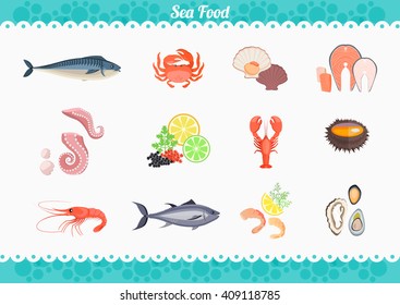 Seafood set design flat fish and crab. Lobster and food oyster, fresh seafood, shrimp and menu octopus animal, shellfish lemon, fresh seafood vector illustration