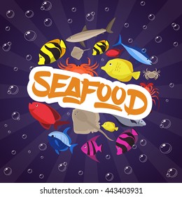 Seafood set design flat fish, crab and lobster. Vector illustration