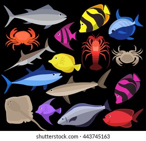 Seafood set design flat fish, crab and lobster. Vector illustration