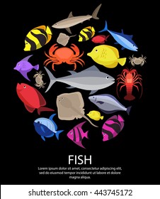 Seafood set design flat fish, crab and lobster. Vector illustration