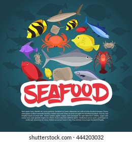 Seafood set design flat fish, crab and lobster. Vector illustration