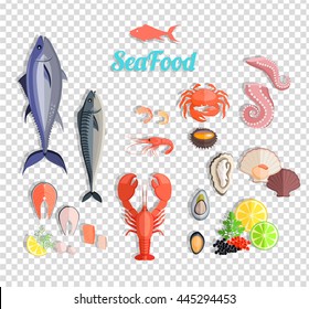 Seafood Set Design Flat Fish And Crab. Lobster And Food Oyster, Fresh Seafood, Shrimp And Menu Octopus Animal, Shellfish Lemon, Fresh Sea Food Vector Illustration